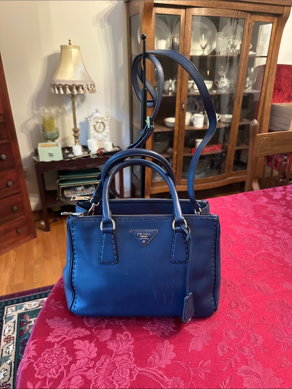 Prada Blue Leather Stitch Trim Two-Way Bag